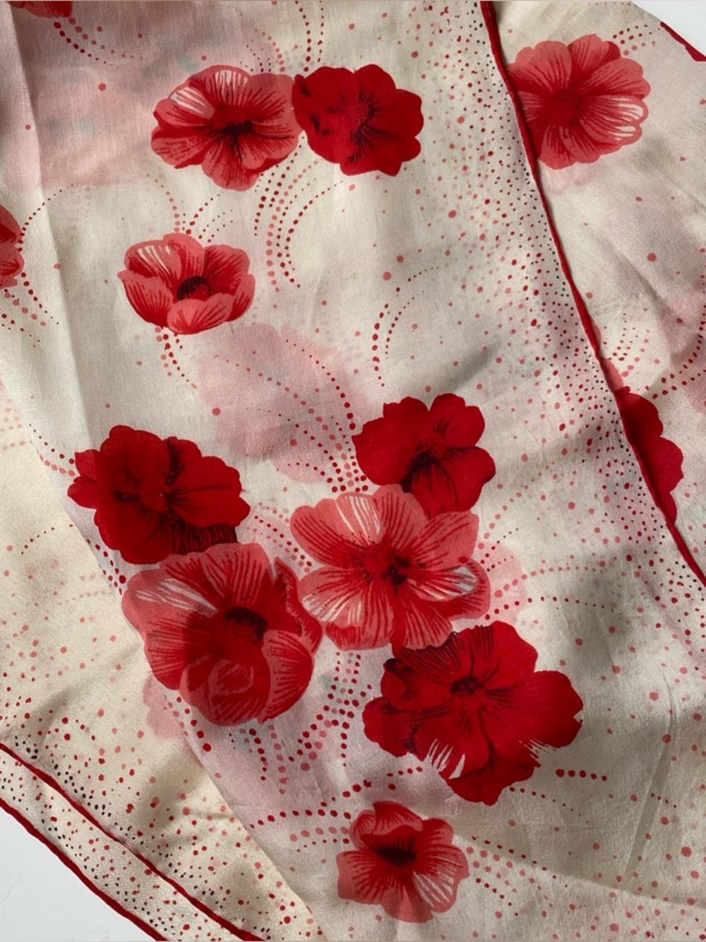Vintage 30” square 100% silk scarf red poppies on Cream Background hand rolled